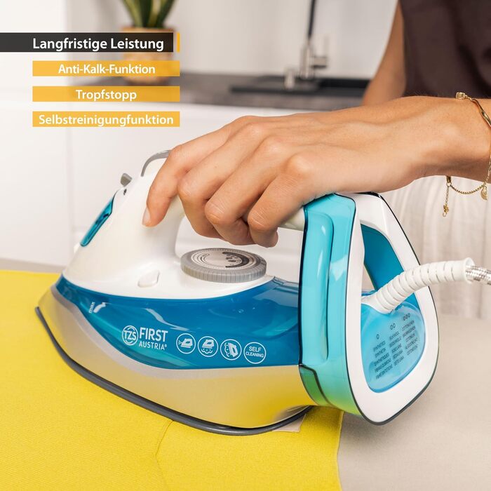 Пароочисник TZS First Austria I 2290-2720W | Керамічна підошва, Самоочищення, Вертикальна пара, Anti-Kalk, Сухе прасування, 0,3л резервуар, 1,2 кг, Чорний/Білий