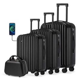 Набір валіз Tiyfiy 4 в 1 з жорстким корпусом, косметичка, USB-порт, TSA-замок, 360° колеса, чорний