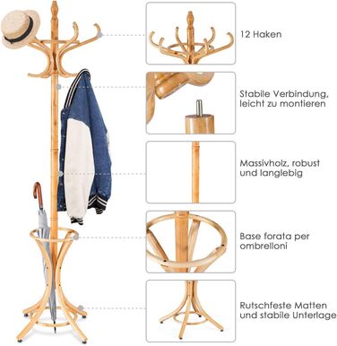 Стійка для одягу GIANTEX з підставкою для парасольки, дерев'яна, 12 гачків, для передпокою/вітальні (натуральний колір)
