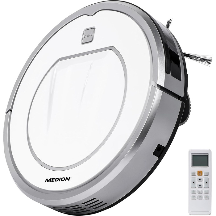 Робот-пилосос MEDION MD 19100 з базою та пультом дистанційного керування. Оптимізований для власників тварин та алергіків, ультратонкий, для твердих підлог та килимів, з функцією розпізнавання перешкод та сходинок