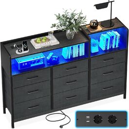 Комод ODK з шухлядами, 2 розетки, 2 USB, 10 LED-смужок, полиця, стільниця, 9 тканинних шухляд, чорний колір, 130x30x97 см