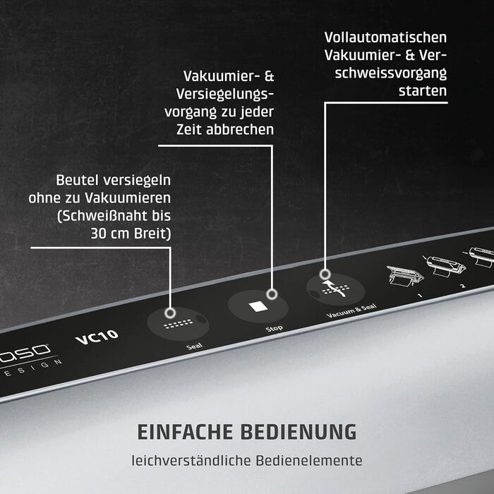 Вакууматор CASO VC10 для продуктів харчування, пристрій для вакуумування з 30 см швом та набором із 10 пакетів