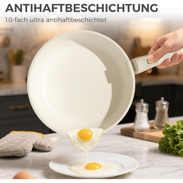 Набір посуду YASHE 9 предметів: каструлі та сковорідки з антипригарним покриттям, білий, для всіх плит, знімний ручка, сумісний з духовкою, компактний, сталевий