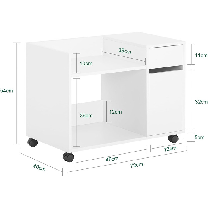Роликовий контейнер SoBuy з шухлядою та дверцятами: друкарський столик, офісний шафчик, підставка під документи, білий 72x54x40 см, ASK02-W