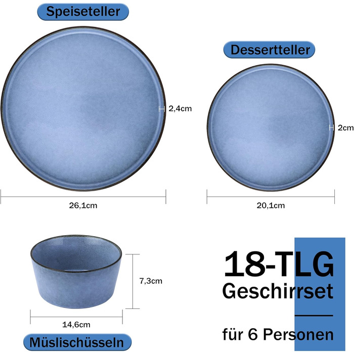 Набір столового посуду з кераміки Homikit з 18 предметів на 6 осіб, можна використовувати в мікрохвильовій печі та посудомийній машині, синій