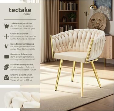 Тектейк® Оксамитовий стілець-чаша з підлокітниками, сучасний крісло для вітальні, їдальні, як кухонні стільці, для туалетного столика, комплект (2 шт), пісок/золото