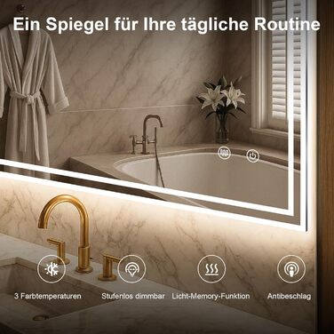 Дзеркало для ванної кімнати Youyijia з підсвічуванням, 70x50 см, з антизапарюючим покриттям, сенсорним вимикачем, 3 кольори світла, регулювання яскравості, 3500K-6500K