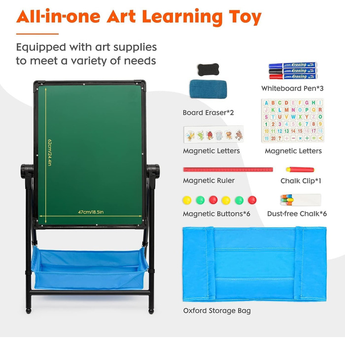 Дитяча мольберт Kinderstaffelei, двосторонній, складний, регульований по висоті, з місцем для зберігання, 360° обертання, мольберт та дошка для малювання з набором літер та цифр, для хлопчиків та дівчаток (Чорний)