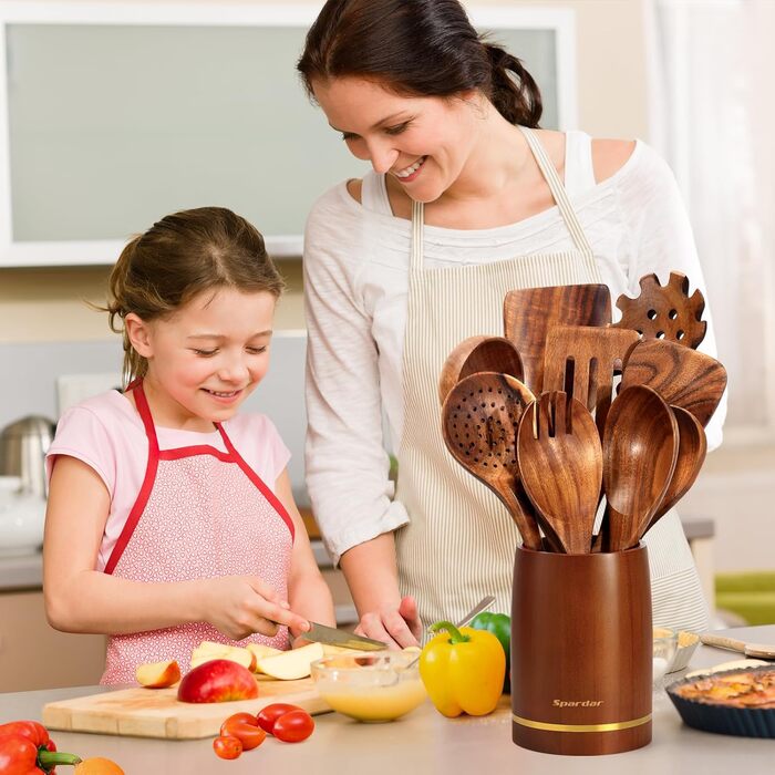 Набір кухонного приладдя Spardar з дерева, 12 шт: ложки, шумовки, підставка, рукавиці. Колір: помаранчевий, коричневий