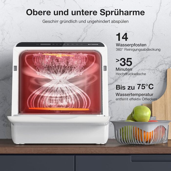 BLITZHOME Міні посудомийна машина з керуванням через додаток, 6 програм, портативна, 5л бак, з/без підключення до води, функція сушіння, для кемпінгу