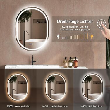 Дзеркало для ванної кімнати YOURLITE з підсвічуванням, кругле, 60 см, LED, 3 кольори, диммування, сенсорне управління, антизапар, пам'ять, IP44, овальне