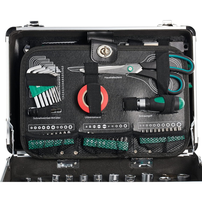 Набір інструментів Brüder Mannesmann 90 предметів в алюмінієвому кейсі M29067: плоскогубці, викрутки, тріскачка, тестер напруги