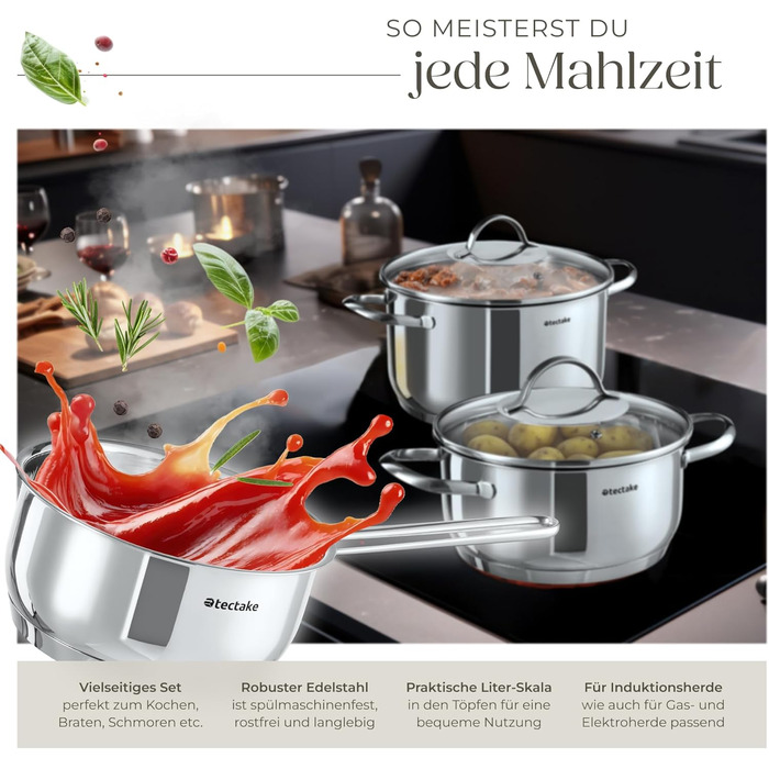 Набір каструль tectake® 7 шт. з нержавіючої сталі: каструлі з кришками для плити (індукційна, газова, електрична) - кухонний набір для дому та кемпінгу