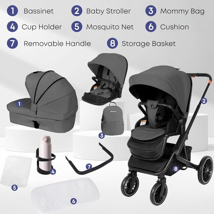 Дитяча коляска 2-в-1 BabyVoyage з люлькою та прогулянковим блоком, поворотні колеса 360°, амортизація, регульована ручка, складна, комплект, колір зелений (темно-сірий)