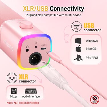 Ігровий мікрофон MAONO PD100XS XLR/USB з динамічним капсулем, RGB-підсвіткою, пультом гучності, кнопкою вимкнення звуку, програмним забезпеченням, для ПК, стрімінгу, запису, PS4/PS5, Mac, рожевий