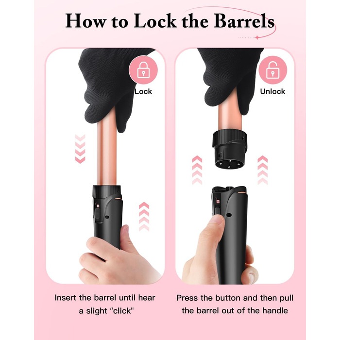 BESTOPE PRO Локкенстаб: Набір для завивки волосся 5-в-1 з 3 насадками, регулюванням температури, швидким нагрівом, рукавичкою та кліпсами, рожеве золото