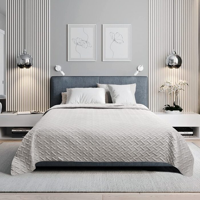 Покривало WOLTU, покривало для ліжка 170x210 см, клаптева ковдра з двостороннім малюнком, покривала з мікрофібри, стьобана ковдра, зшита ультразвуком, ковдра для вітальні, покривало для дивана, покривало для ліжка (220x240 см, світло-сірого кольору)