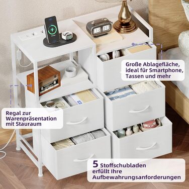 Комод з ящиками для спальні, вітальні, коридору Somdot з LED-підсвіткою та розетками (2 AC, 1 USB, 1 Type-C), 5 тканинних ящиків, білий, 29T x 66,5B x 70,5H см, штучна шкіра