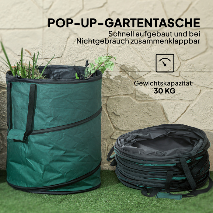 Outsunny Garden Bag 2x160L водонепроникний мішок для садових відходів з ручками на блискавці, стабільний мішок для листя, самостоячі садові мішки, багаторазові мішки для садових відходів Зелені відходи