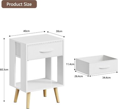 Набір з 2 приліжних тумбочок, 40x30x60.3 см. Тумбочки з шухлядою для спальні, дитячої кімнати. Білий колір.