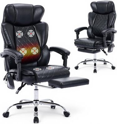 Крісло офісне з масажем та підігрівом, ергономічне, з підніжкою, поворотне на 360°, регульована спинка (94-125°), чорне