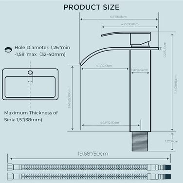 Змішувач для ванної кімнати FORIOUS з водоспадом, одноручний, для умивальника, хром, висота виливу 80 мм, економія води та енергії
