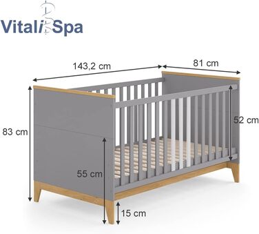 Дитяче ліжко VitaliSpa Malia, /Дуб, 143,2 x 81 см (Сірий, ліжечко без матраца)