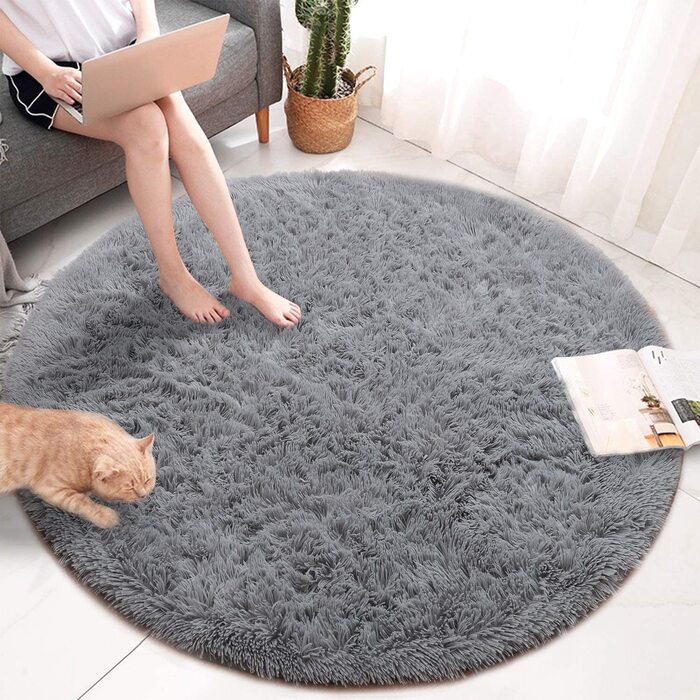 Килими Leesentec, круглі килими для спальні, вітальні, нековзні м'які пухнасті килимки, волохаті килимки, великі Килимки для передпокою (білий/сірий, 140 см) (сірий, 160 см)