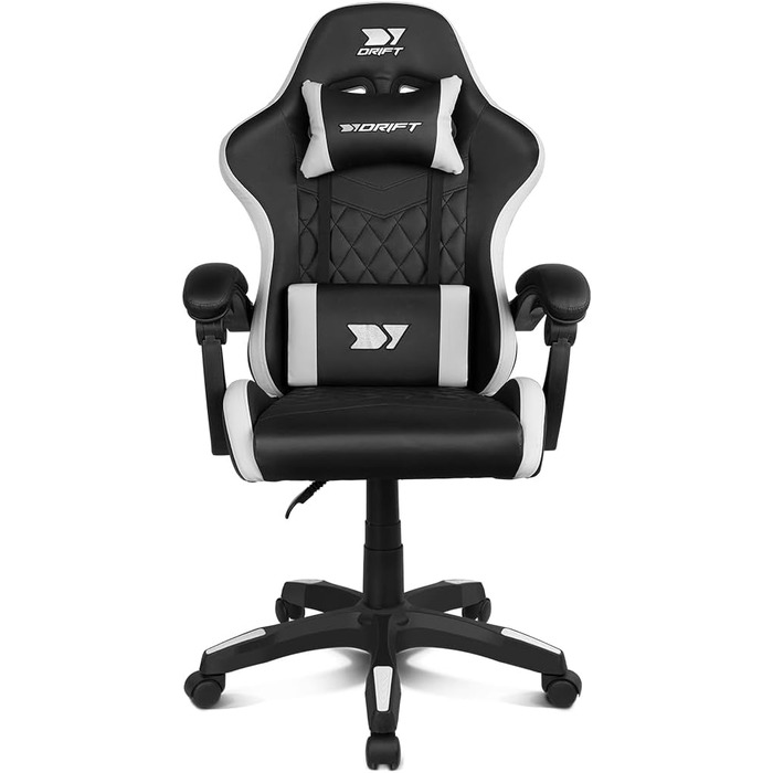 Ігровий крісло DRIFT GAMING DR35 – професійне, зі штучною шкірою, підлокітники з м'якою підкладкою, газліфт 3 класу, посилена база з нейлону, регульований нахил, регульована висота, подушки для попереку та шиї, чорно-сірий колір (Dr35 White)
