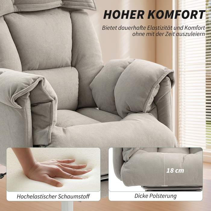 Офісний крісло з регулюванням нахилу та висоти, ергономічне крісло для роботи з підлокітниками та підніжкою, висока спинка, розміри 75 x 77 x 110-118 см, сірий