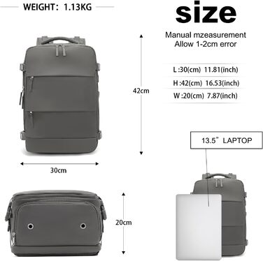 Рюкзак KONO для ручної поклажі 42x30x20, 25L, з відділом для ноутбука, сірий, для подорожей та спорту