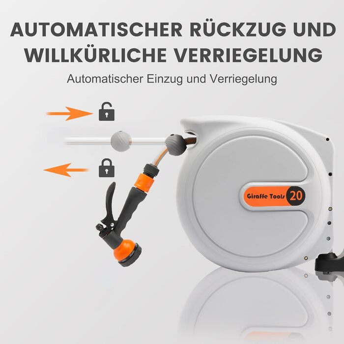 Автоматичний барабан для садового шланга Giraffe Tools 20м + 2м, настінна шланговий бокс з поворотним механізмом 180° та 7-позиційною насадкою та білим з'єдчним шлангом