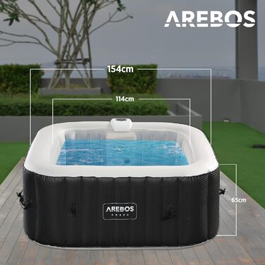 Надувний гідромасажний басейн-джакузі Arebos Whirlpool 154x154 см з LED-підсвіткою, підігрівом та 100 масажними форсунками на 4 особи, 600 л, з кришкою