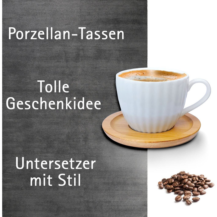 Набір кавових чашок 6 чашок (100 мл) 6 підставок, порцеляна під дерево, біла, модель 1