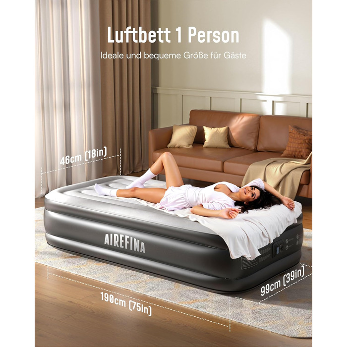 Надувний матрац Airefina з самонадуваванням та інтегрованою помпою, преміум-гостьове ліжко, швидке надування за 3 хвилини, для кемпінгу та дому, 203x152x40 см, 2 особи