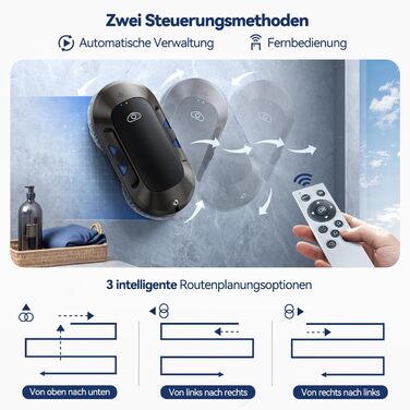 Робот для миття вікон 6000Pa з подвійною насадкою, електричний, з пультом дистанційного керування, 3 режими миття, інтелектуальна навігація, розпізнавання країв, система безпеки, для гладких поверхонь, W23d