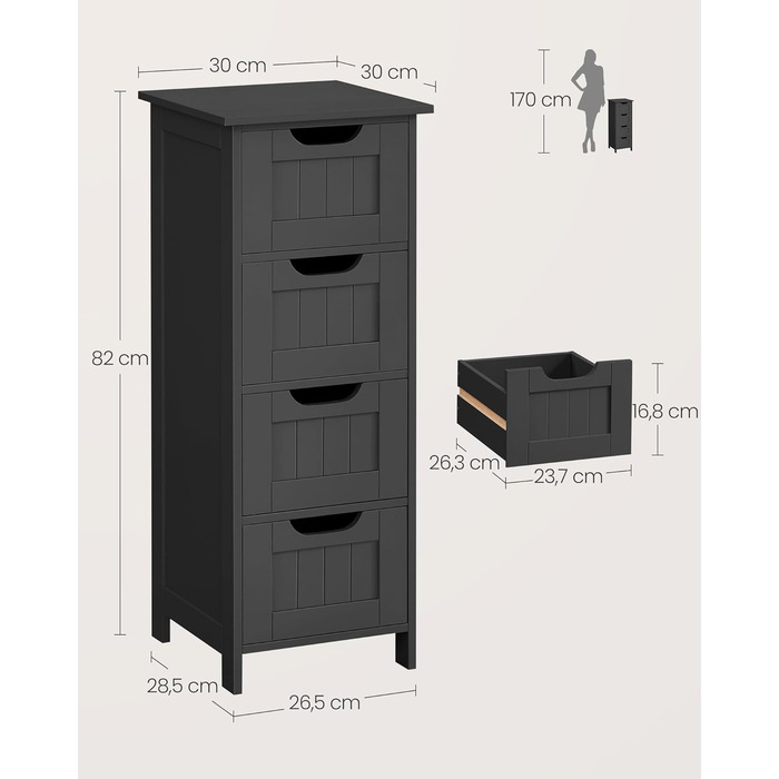 Шафка для ванної кімнати VASAGLE з 4 висувними ящиками, 30 x 30 x 82 см, білий колір, для ванної, вітальні, кухні, їдальні, сучасний дизайн