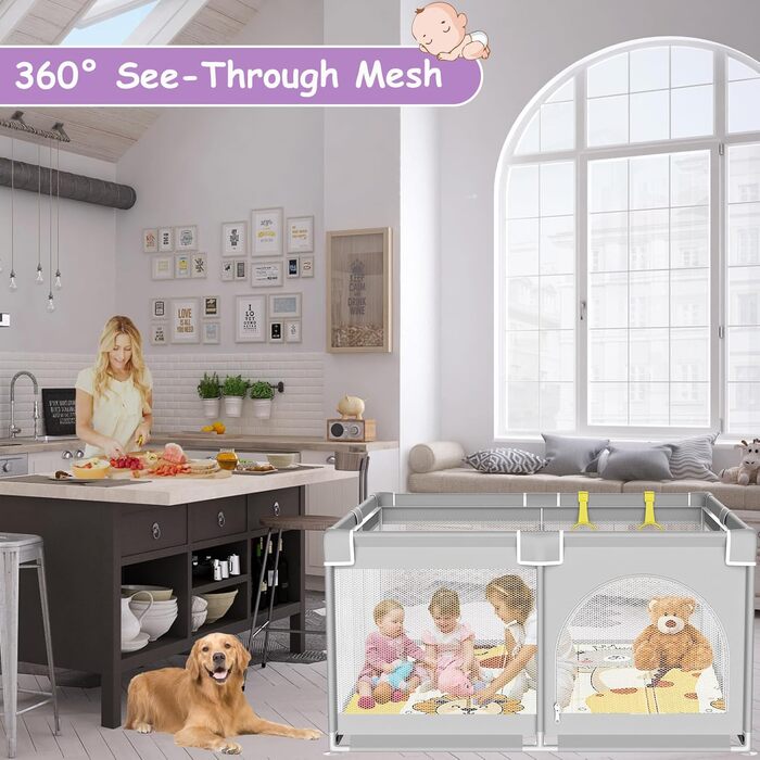 Ляльковий загін для малюків 120x120 см з ігровим килимком, дитячий портативний загін з м'яким килимком, дитячий загін з сіткою та присосками 120x120 см з матрацом