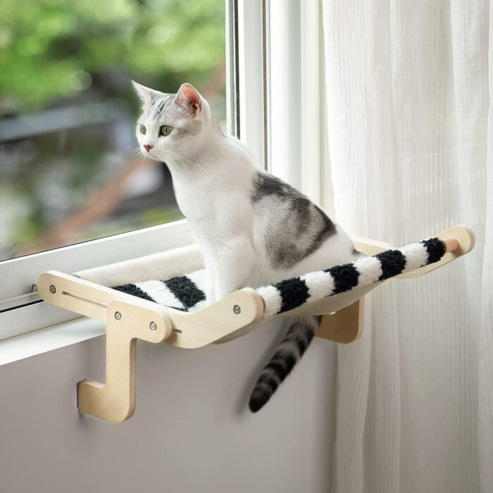 Підвісне ліжко для кішок MEWOOFUN, гамак для кішок, сидіння біля вікна для кішок, шезлонг, підвісне ліжко для кішок, компактний дизайн до 18 кг (чорний / білий)