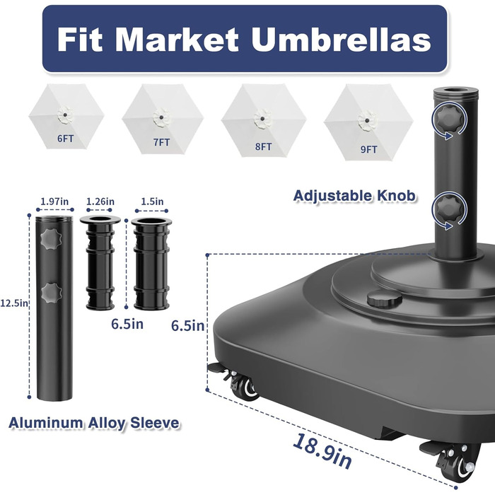 Підставка для парасольки на терасу, міцна, на колесах, до 45,4 кг, заповнювана, мобільна, квадратна, вітростійка, для деку, басейну, газону, чорна