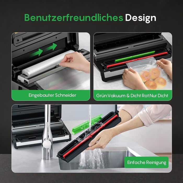 Вакууматор FRESKO Automatik для продуктів: автоматичний вакуумний пакувальник з турбо-потужністю 18л/хв, керування однією кнопкою, комплект з 2 рулонами для пакетів