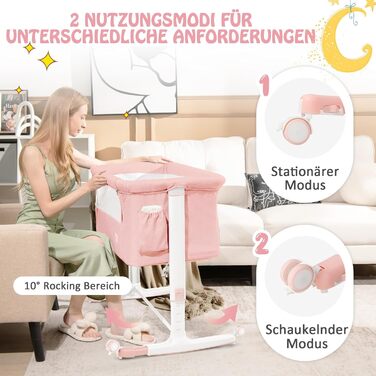 Дитяче ліжко-гойдалка Dreamade 2 в 1 з регулюванням висоти, 86 x 63 см, рожеве, від народження до 9 кг, з матрацом та колесами