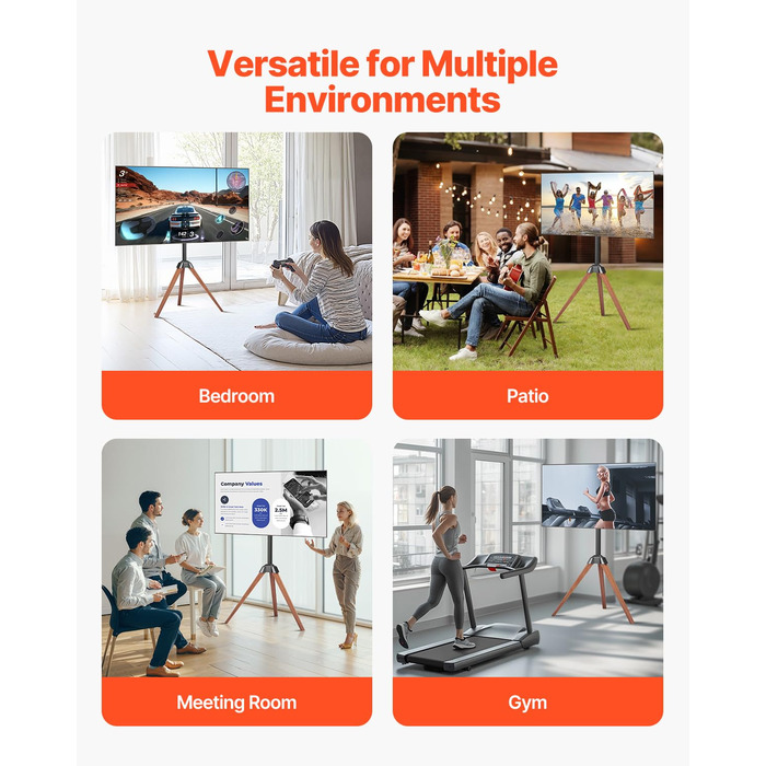 Підставка для телевізора VEVOR з регулюванням на 18° для плоских та вигнутих телевізорів (1016-1651 мм), до 45 кг, дерев'яні ніжки, для спальні, вітальні, студії