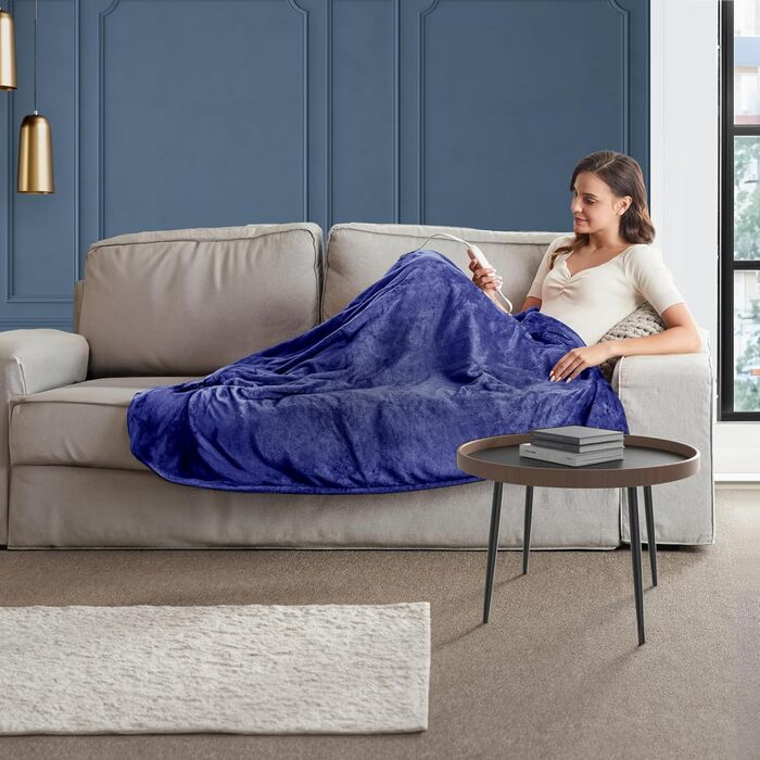 Електрична ковдра з підігрівом Neo, м'яка, з фланнелі та шерпою, двостороння, темно-синя