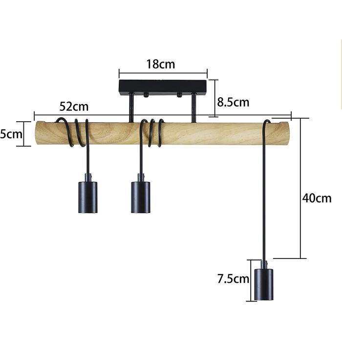 Ретро підвісний світильник, регульований по висоті, E27, 3-світловий, без плафона, промисловий дизайн, чорний