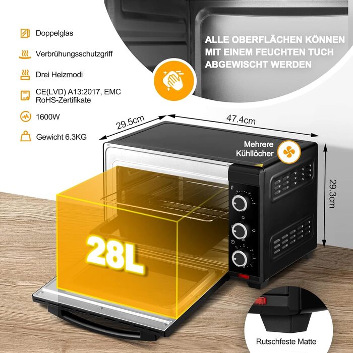 Міні-піч WOLTU 28 л, піч для піци 1600 Вт, 100-230 °C, таймер 0-60 хв, 3 режими нагріву, з деко, решіткою, підсвічуванням крихт, підйомником решітки, чорна