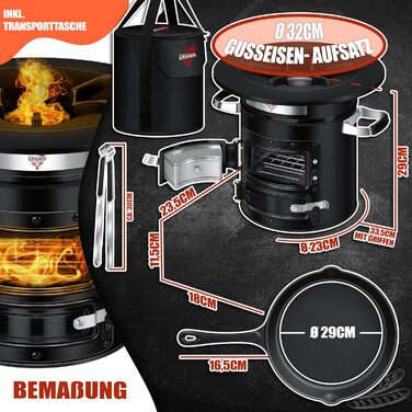 Печь-ракета KESSER® з чавунною сковородою-грилем | з щипцями та сумкою | Dutch Oven з 6 шипами | Дров'яна піч-ракета для BBQ | Кухоль для кемпінгу, відпочинку на природі, грилю | Нержавіюча сталь, чорний/сріблястий