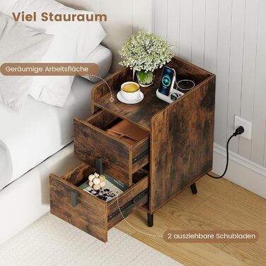 Нічний столик COSTWAY з зарядкою, вузький, 2 шухляди, металеві ніжки, для спальні/вітальні, 40 x 32 x 60 см, рустикальний коричневий