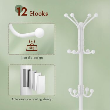 Настінна вішалка для одягу FAVOOSTY з підставкою для парасольки, 12 гачків, стійка для пальто, вішалка для одягу в вітальню, спальню, срібна (білий)