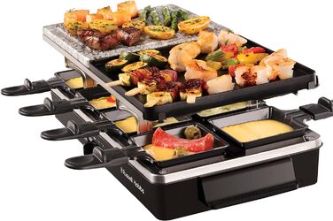 Ракуетниця Russell Hobbs Raclette Grill 8 осіб з 8 сковородами та дерев'яним шпателем, 2 грильні поверхні: з натурального каменю з жолобом для соку та антипригарне поворотне решітка/Teppanyaki, гриль для піци, 26280-56